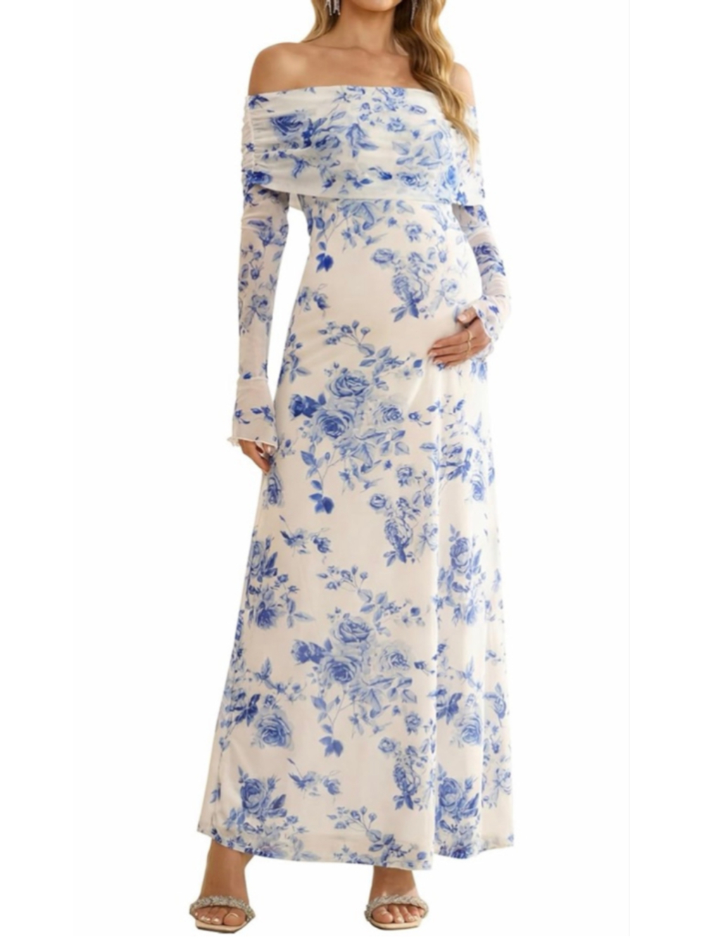 NEW Off Shoulder Stretch Maternity Dress Long Sleeve Floral Maxi Wedding XL